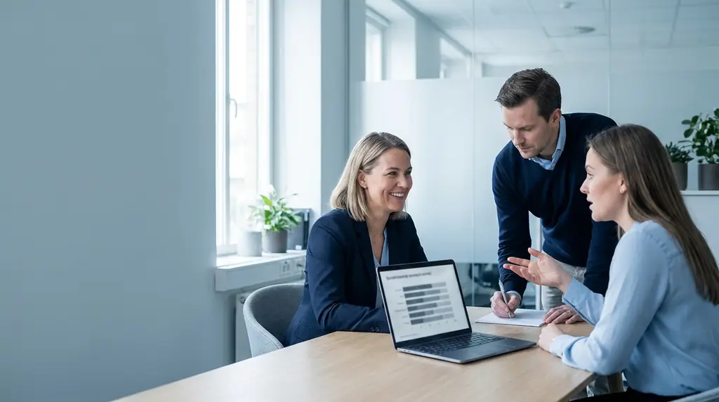 Three colleagues around a table in a bright office, going through customer feedback together on a laptop and a paper notepad