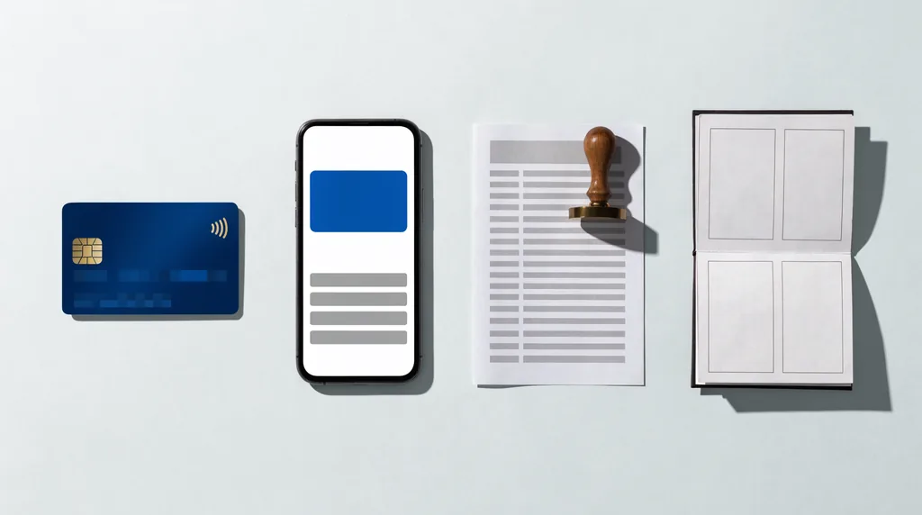 Four ways to pay laid out in a row: a credit card, a phone showing a digital wallet, a stamped purchase order and a cheque book