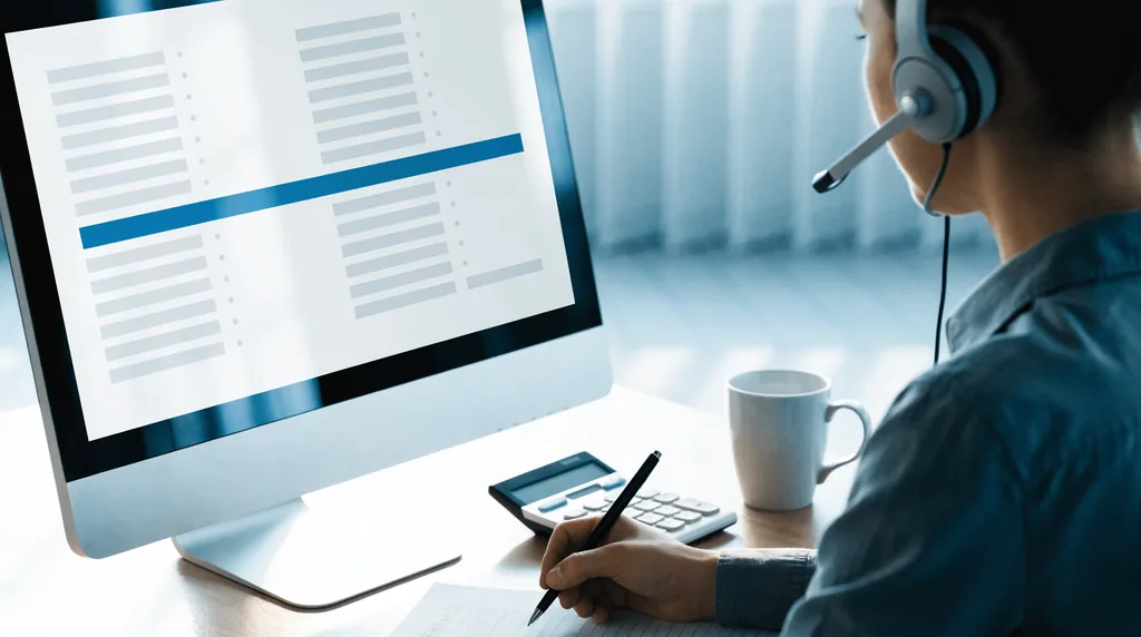 A COLAMCO account manager in a headset marking up a printed line-item quote beside a screen showing the re-priced lines