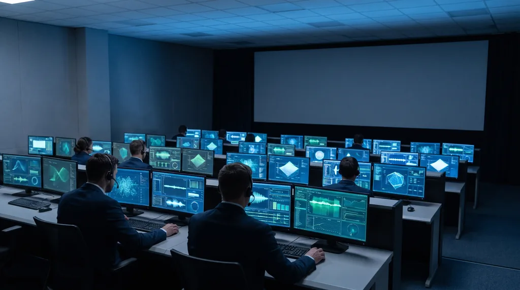 A mission operations control room seen from the rear: tiered rows of workstations each carrying several monitors of abstract telemetry graphs, a blank display wall at the front and a few operators in headsets under cool blue lighting