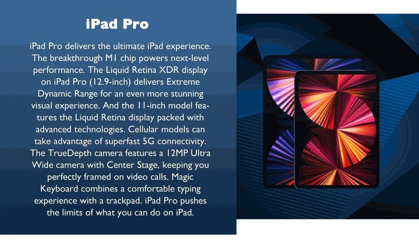 iPad Pro panel: two iPad Pro models shown beside a description of the M1 chip, the Liquid Retina XDR display, 5G, the TrueDepth camera and the Magic Keyboard