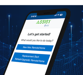 The ASSIST app on a phone, asking "What would you like to do today?" with New Hire and Replacement options